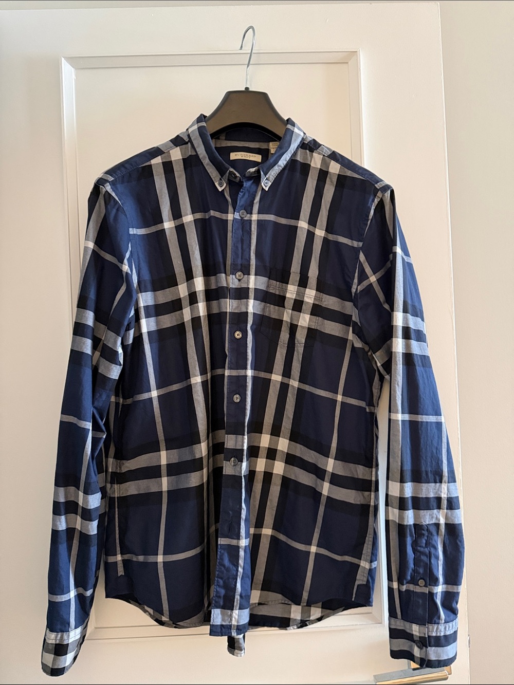 Burberry Navy and White Windowpane Button-Down Shirt Worn Few Times sz XXL